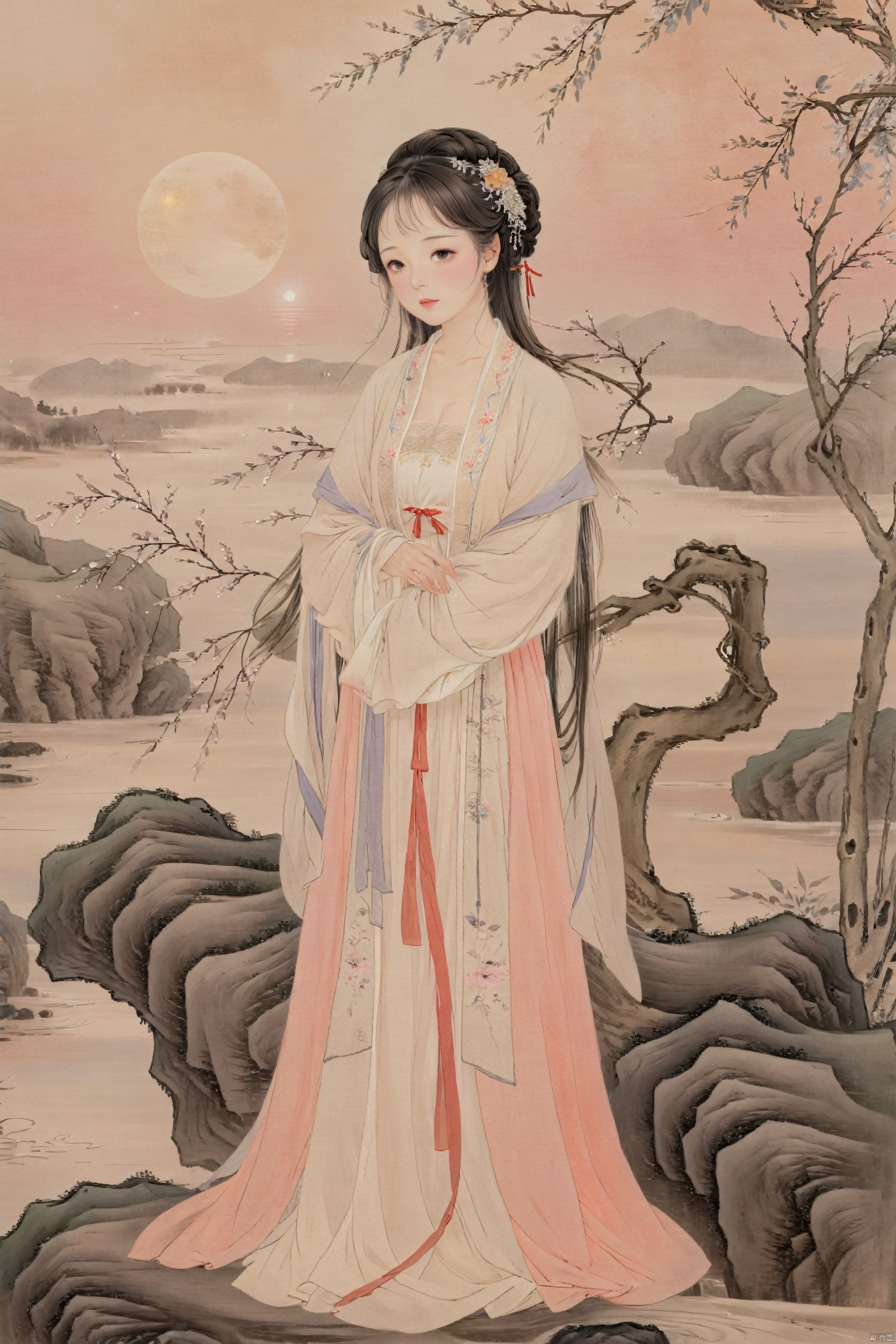 Traditional Chinese painting style, sad,crying,beautiful Chinese woman, elegant hanfu dress, flowing silk robe, delicate facial features, graceful posture, serene expression, traditional hairstyle with hairpin, standing beneath a willow tree, moon rising above, soft pastel colors, (detailed background with evening sky), poetic atmosphere, inspired by ancient Chinese poetry, romantic mood, (evening setting), ethereal beauty, (masterpiece: 2), best quality, ultra highres, original, extremely detailed, perfect lighting