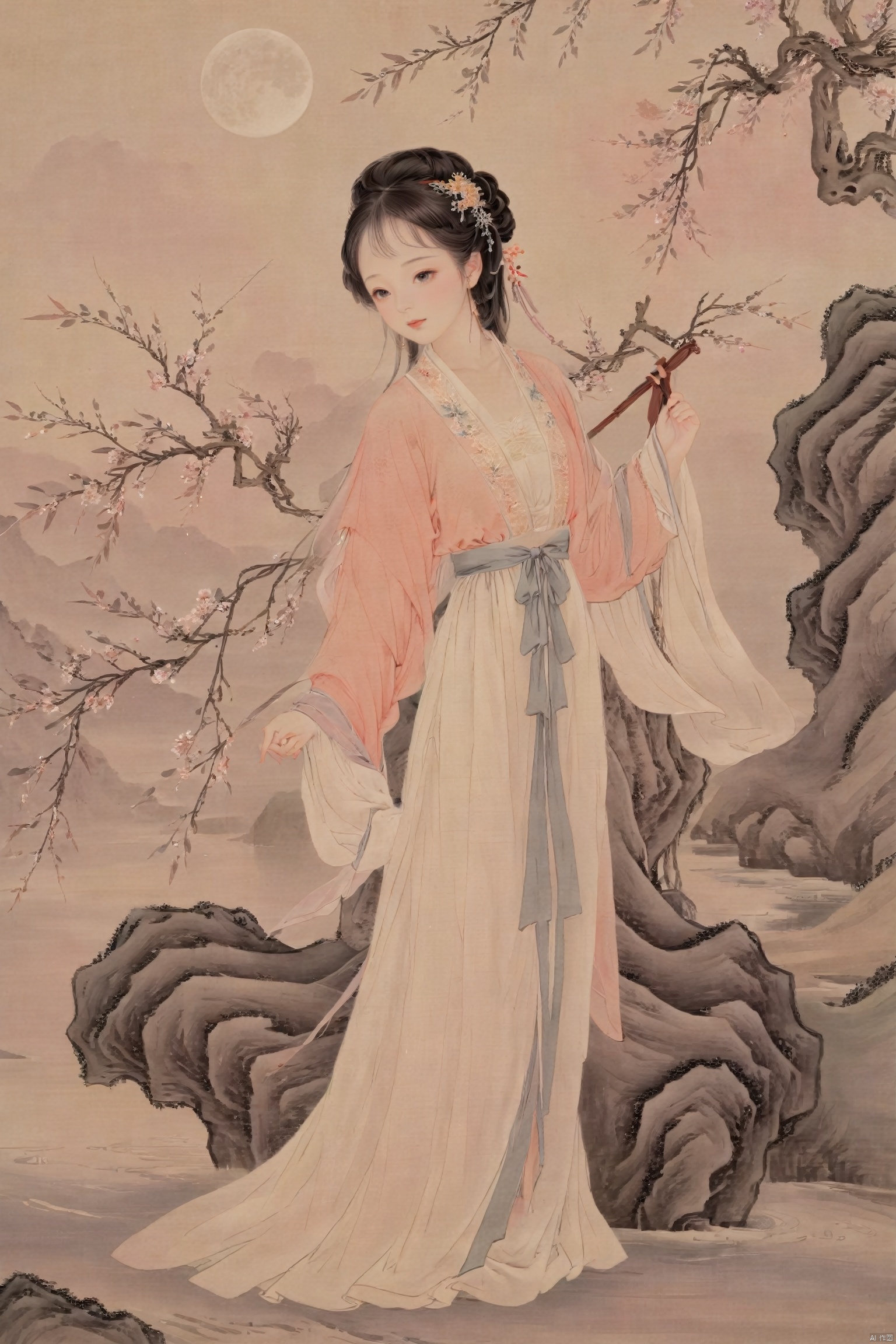 Traditional Chinese painting style, beautiful Chinese woman, elegant hanfu dress, flowing silk robe, delicate facial features, graceful posture, serene expression, traditional hairstyle with hairpin, standing beneath a willow tree, moon rising above, soft pastel colors, detailed background with evening sky, poetic atmosphere, inspired by ancient Chinese poetry, romantic mood, evening setting, ethereal beauty, (masterpiece: 2), best quality, ultra highres, original, extremely detailed, perfect lighting