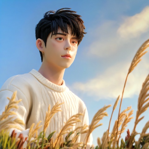 solo, short hair, black hair, 1boy, upper body, male focus, outdoors, parted lips, sky, day,  black eyes, blue sky, plant, realistic, (white sweater),claymotion, made-of-clay, stopmotion, polymer clay, ultra light clay, High quality, details, cartoonish, 8k