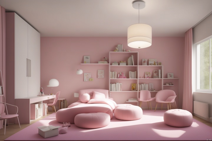Pink Children's Room,lamp,chair,pillow,table,indoors,book,couch,bed,carpet,ceiling light,building,sky,cushion,rug,curtains,masterpiece,best quality,unreal engine 5 rendering,movie light,movie lens,movie special effects,detailed details,HDR,UHD,8K,CG wallpaper