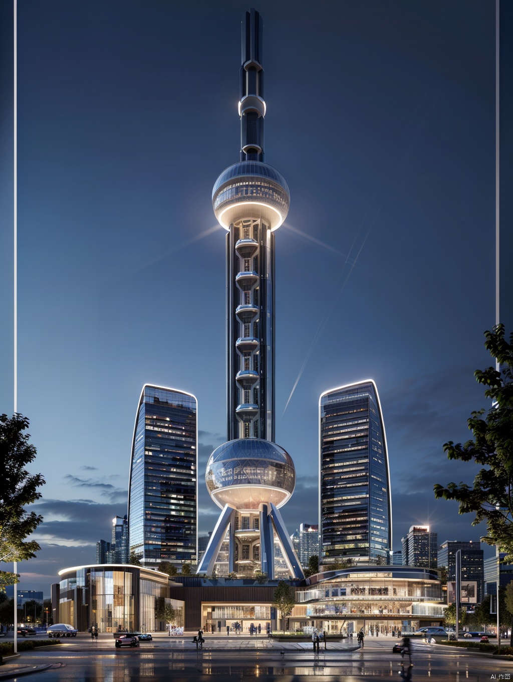laowang,Photo-realistic accuracy,8K,ultra realistic,CiModern buildings,mall,commercial building,high-definition image,meticulous details,indoor lighting,(futuristic:1.3) design,(nighttime:1.2),(warm and blue sky:1.2),sense of technology,masterpiece,best quality,
