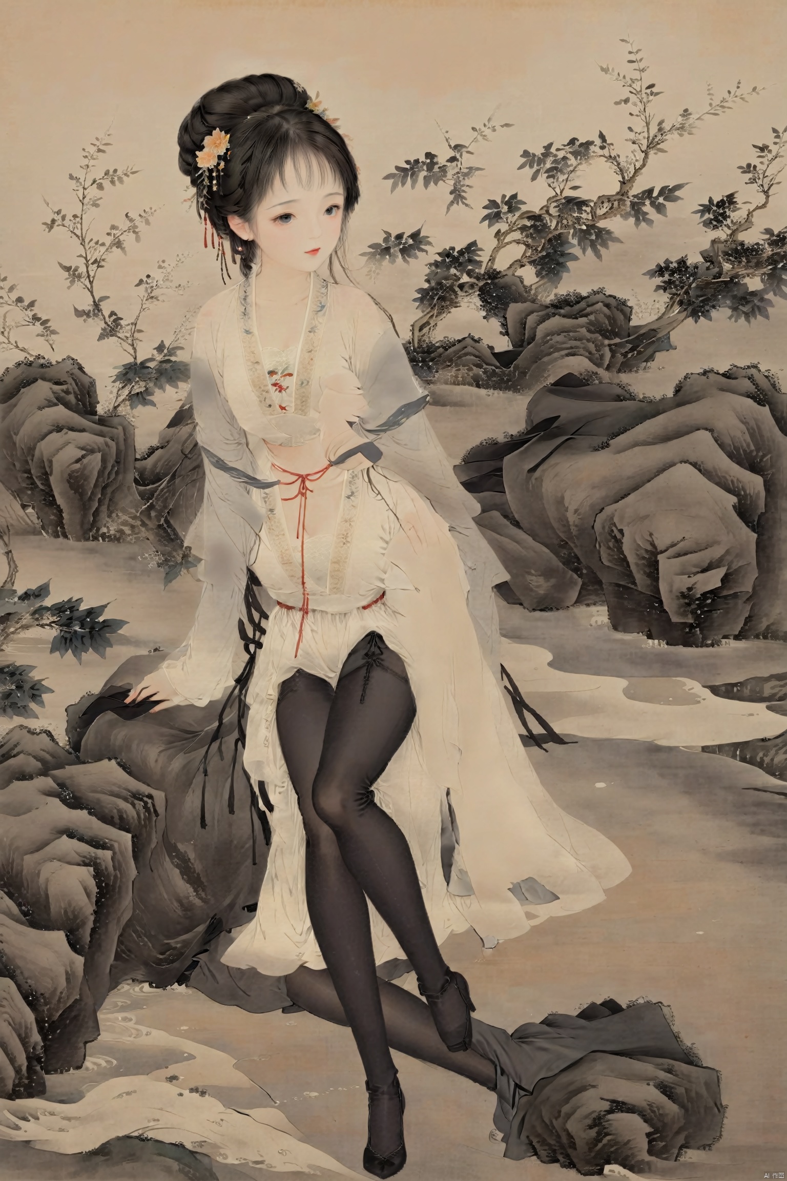  (Young woman: 1.2), (Traditional Chinese ink painting style: 1.0), Ancient women&#39;s hairstyle, antique short skirt, sexy, showing thighs, (Black stockings: 1.3), Elegant movements, (Simple background), Leave blank,, Master&#39;s work, High details, (close-up) figures, meticulous paintings, gray tones of antique paintings, delicate embroidery patterns, moonlight on the lake, breeze blowing willows, flying brushstrokes, poetic atmosphere, elegant manners, classical Chinese gardens, simplicity Pavilions, light clouds and smoke, traditional chinese ink painting, gufengsw001