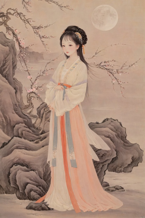 Traditional Chinese painting style, beautiful Chinese woman, elegant hanfu dress, flowing silk robe, delicate facial features, graceful posture, serene expression, traditional hairstyle with hairpin, standing beneath a willow tree, moon rising above, soft pastel colors, detailed background with evening sky, poetic atmosphere, inspired by ancient Chinese poetry, romantic mood, evening setting, ethereal beauty, (masterpiece: 2), best quality, ultra highres, original, extremely detailed, perfect lighting