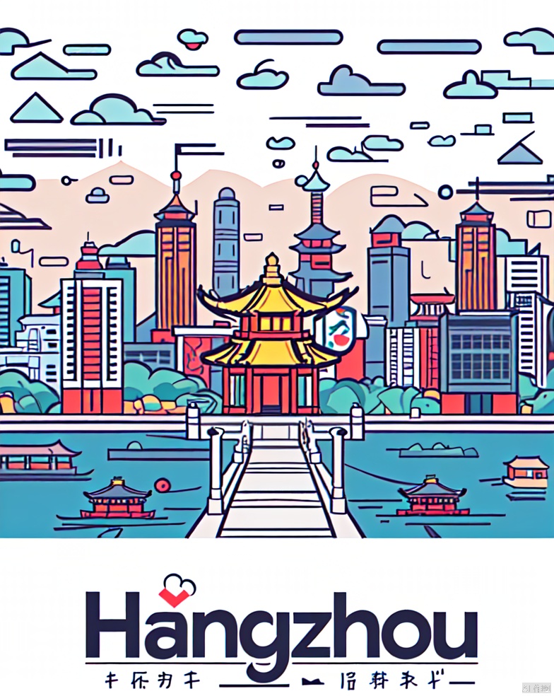 Sticker design in cartoon style, Hangzhou city skyline, vector illustration, simple lines, outline drawing, text "Hangzhou" below the scene, colorful cartoon style, flat composition, simple details, city buildings intermingled with historical structures. The West Lake with its iconic Leifeng Pagoda adds a tranquil and picturesque touch to the landscape