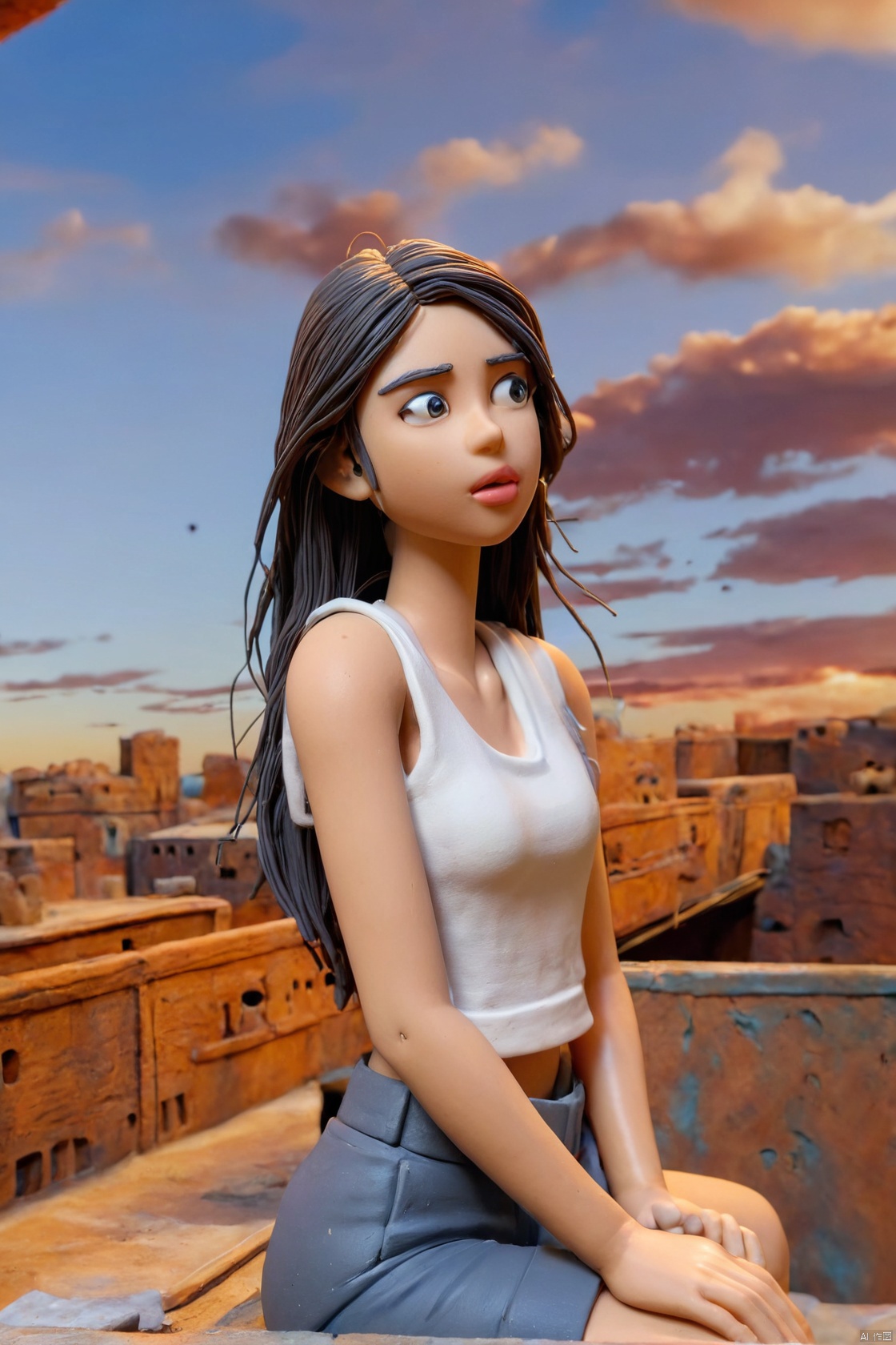 1girl, solo, long hair, looking at viewer, black hair, navel, brown eyes, sitting, outdoors, parted lips, sky, midriff, pants, cloud, lips, **** top,claymotion, made-of-clay, stopmotion, polymer clay, ultra light clay, High quality, details, cartoonish, 8k, claymation, Clay Animation page