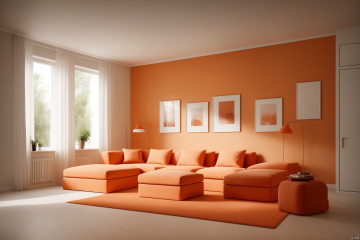 ((best quality)),((masterpiece)),((realistic)),living room,Modern minimalist Nordic style,Soft light,Pure picture,(Bright colors:1.2),Symmetrical composition,orange theme