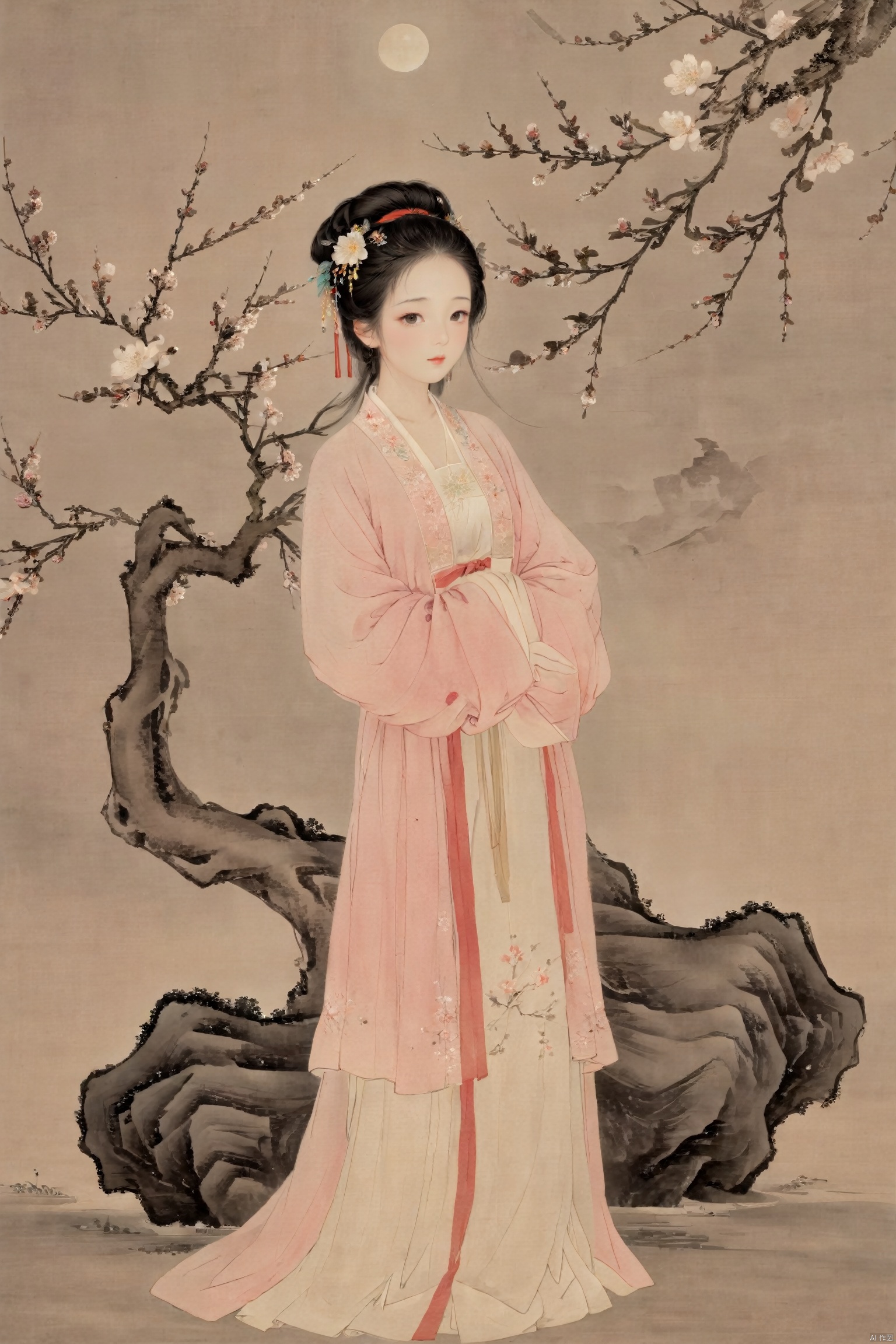 Elegant ancient Chinese woman in traditional Hanfu, standing by a blooming plum tree, under the moonlight, expression of deep longing and subtle sorrow, delicate and pale face showing signs of weariness, her attire slightly disheveled as if untouched for days, surrounded by a serene and misty ancient garden,  best quality, ultra highres, original, extremely detailed, perfect lighting
, gufengsw001, traditional chinese ink painting