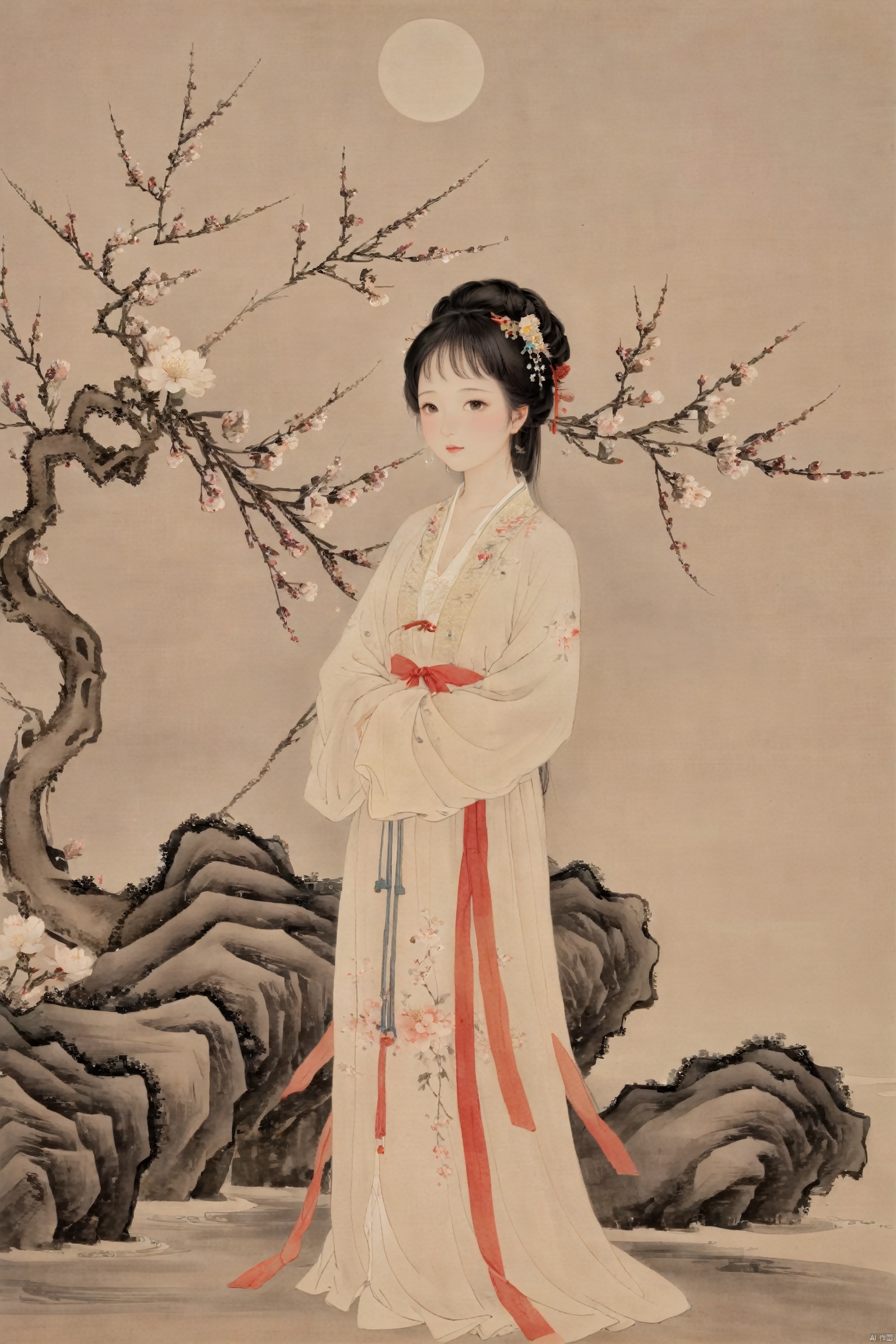 Elegant ancient Chinese woman in traditional Hanfu, standing by a blooming plum tree, under the moonlight, expression of deep longing and subtle sorrow, delicate and pale face showing signs of weariness, her attire slightly disheveled as if untouched for days, surrounded by a serene and misty ancient garden,  best quality, ultra highres, original, extremely detailed, perfect lighting
, gufengsw001, traditional chinese ink painting