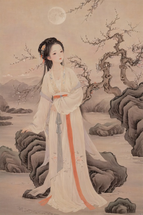 Traditional Chinese painting style, sad,beautiful Chinese woman, elegant hanfu dress, flowing silk robe, delicate facial features, graceful posture, serene expression, traditional hairstyle with hairpin, standing beneath a willow tree, moon rising above, soft pastel colors, (detailed background with evening sky), poetic atmosphere, inspired by ancient Chinese poetry, romantic mood, (evening setting), ethereal beauty, (masterpiece: 2), best quality, ultra highres, original, extremely detailed, perfect lighting