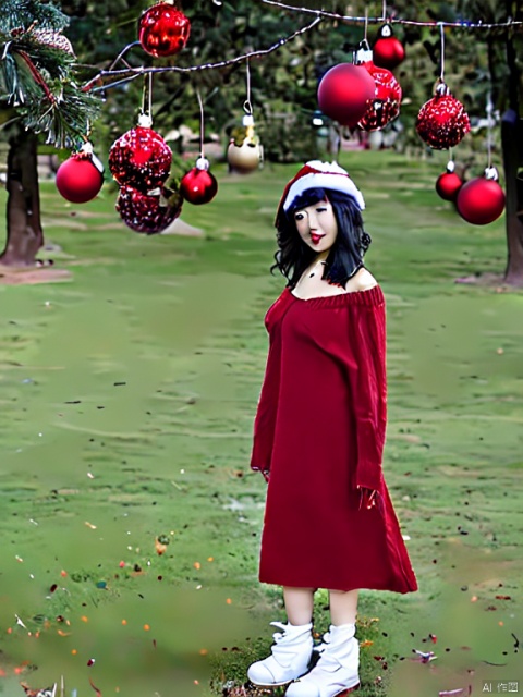  1girl,solo,breasts,christmas tree,jewelry,earrings,long hair,looking at viewer,white hair,brown eyes,sweater,cleavage,dress,white sweater,animal ears,bow,christmas,bangs,long sleeves,fur trim,red bow,lips,cowboy shot,sleeves past wrists,belt,swept bangs,white dress,large breasts,sweater dress,christmas ornaments,off shoulder,star (symbol),standing,bearears,shortdress,,normalfingers,圣诞节, monkren, ink paniting
