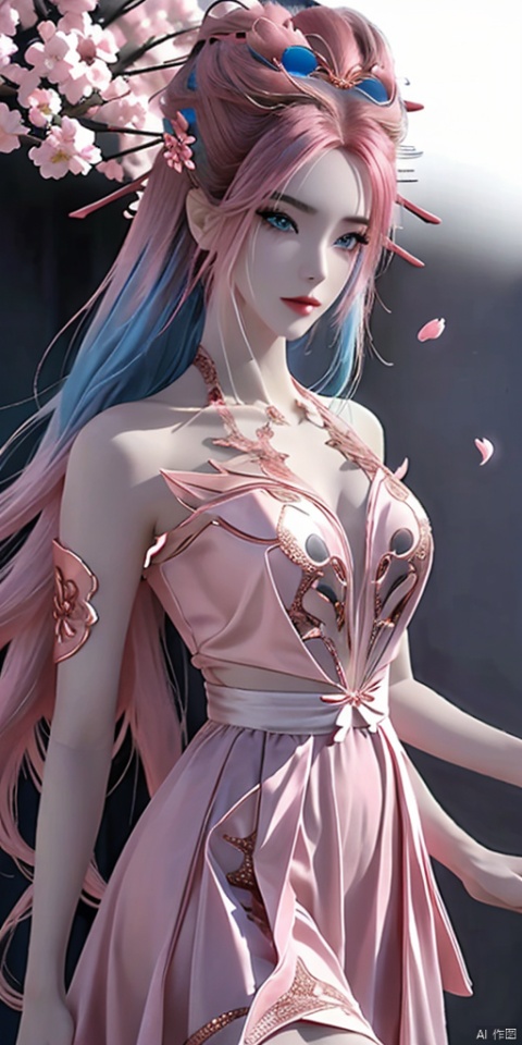  masterpiece,best quality,ultra-detailed,very detailed illustrations,extremely detailed,1girl,(gradient hair:1.3),(blue_hair),(pink_hair:1.3),Multi-colored hair, Colored hair,blue eyes, solo, long hair,Sophisticated and sophisticated clothes,((dress)),looking at viewer,Pray, petals, hair ornament, dynamic pose,sleeveless,ribbon,perfecthand,perfectfingers,clpstyle,汉服,唐风,yifu,girl,behis******e,huliya