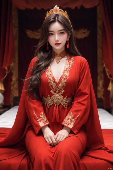  solo,best quality,highly detailed,a woman in a red and gold clothes, phoenix coronet,(sitting on red bed),smile,blush,shy,black_hair, looking down, earrings, indoors, jewelry, long_sleeves, red lips, tassel, Red quilt,(red palace:1.2)