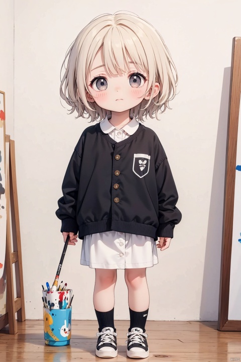 1girl, solo, looking at viewer, short hair, bangs, shirt, long sleeves, holding, closed mouth, standing, full body, white shirt, white hair, shoes, socks, collared shirt, medium hair, black footwear, sleeves past wrists, grey eyes, buttons, white socks, paintbrush, oversized clothes, painting \(object\), paint splatter, paint, white theme, palette \(object\), oversized shirt, canvas \(object\), easel