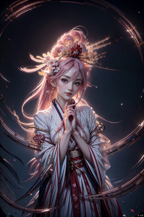 1girl,detached sleeves,pink hair,long hair,best quality,(photorealistic:1.2),(hair ornament:1.35),cherry blossoms,( white shrine maiden),depth of field,detailed face,face focus,(looking at viewer:1.25),shiny skin,long sleeves,red sleeves,smile game cg,blurry background,half body,((right hand to mouth,finger touch lip)),