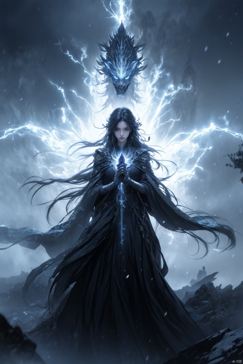 painting of a spirit of darkness, descending from the sky, intricate long flowing gown, hyperdetailed by yoshitaka amano and Ekaterina Savic, fantasy art, celestial, ethereal, digital illustration, volumetric lighting, cos,