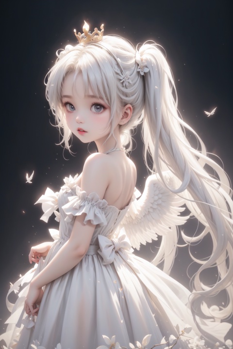  best quality, amazing quality, very aesthetic,1girl, solo, wings, long_hair, dress, white_hair, twintails, halo, very_long_hair, looking_at_viewer, white_wings, black_background, white_theme, feathered_wings, full_body, white_dress, simple_background, bangs, angel_wings, low_wings, head_wings, bare_shoulders, angel, crown, closed_mouth, multiple_wings, white_eyes, floating