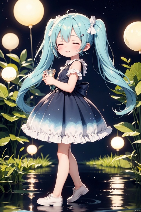  (english text:1.25),(from side), blue theme, (walking_in_liquid), standing_on_liquid, reflective_water, night, only water, (head down), closed eyes, skirt hold,(the surface of the water reflected the brigh stars), light_particles,1girl, very long hair, twintails, solo, hatsune miku, dress, blue hair, full body,water surface, reflection, star (sky), starry sky,,