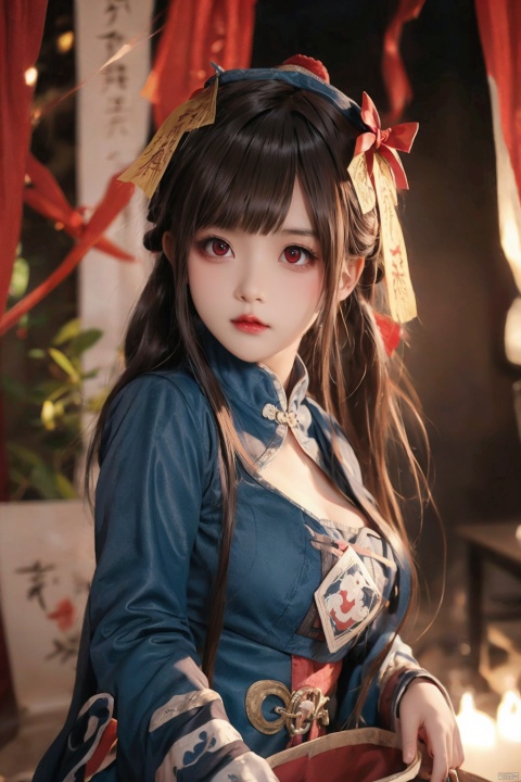  High quality, masterpiece, 1 girl, jiangshi, qing_ Guanmao,breast curtains,china dress, spells,Sexy, ((poakl)), 1girl