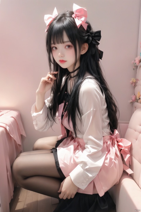 masterpiece, best quality, 1girl, solo, long_hair, looking_at_viewer, bangs, skirt, shirt, black_hair, long_sleeves, bow, ribbon, twintails, sitting, monochrome, hair_bow, heart, pantyhose, frills, food, shoes, choker, blunt_bangs, black_skirt, pink_eyes, symbol-shaped_pupils, halo, heart-shaped_pupils, stuffed_toy, pink_background, stuffed_animal, frilled_skirt, pink_bow, fishnets, candy, bandaid, pink_shirt, teddy_bear, lollipop, fishnet_pantyhose, platform_footwear, pink_theme, pill, jirai_kei,  

lam_style,colorful_hair,hiqcgbody,masterpiece, best quality,holographic,holographic clothing
  