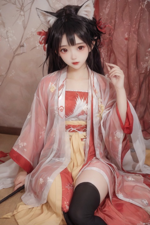  1girl, solo, long hair, looking at viewer, smile, bangs, black hair, thighhighs, long sleeves, animal ears, sitting, tail, yellow eyes, weapon, red hair, multicolored hair, boots, japanese clothes, wide sleeves, blunt bangs, kimono, fox ears, mask, garter straps, halo, floral print, fox girl, fishnets, black kimono, fishnet thighhighs,pixel art