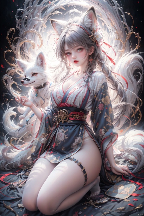 (loli:1.5),(5yo:1.5),(very_long_hair,:1.3),1 girl, solo, female focus, (Chinese dress）and red lips, bangs, earrings, kimono, Chinese cardigan, printed cloth, tassel, hand-held samurai knife.(Chinese dragon),(Huge Fox Pet),（White fox）, (Masterpiece), (Very Detailed CGUnity 8K Wallpaper), Best Quality, High Resolution Illustrations, Stunning, Highlights, (Best Lighting, Best Shadows, A Very Delicate And Beautiful), (Enhanced) ·, long, machinery, Daofa Rune, shufa background, Spirit Fox Pendant, white pantyhose