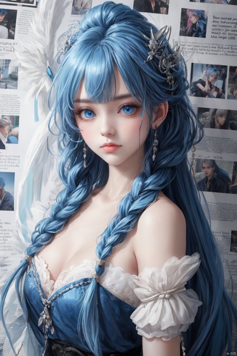 High quality, multi detail, 1 girl, all blue hair, blue hair, pink hair, braids, double braids, blue braids, blue braids, long hair, pompadu hair, bangs, big bangs, silly hair, big silly hair, fluffy hair, T-shirt, upper body, exquisite face, clear eyes, sapphire eyes, newspaper wall, clear newspaper content, 8k, HD