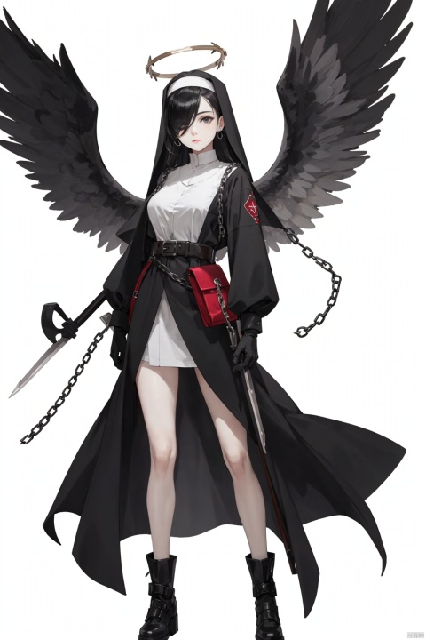 Angels,halos,wings,discolored wings1girl,solo,chain,white background,gloves,holding,simple background,black gloves,breasts,nun,full body,belt,jewelry,pouch,earrings,habit,standing,weapon,long sleeves,holding weapon,black hair,hair over one eye,