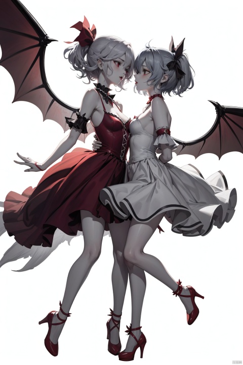 2girls,One has golden hair and the other has blue hair, Pure white background, Flandre Scarlet and Remilia Scarlet Embrace together