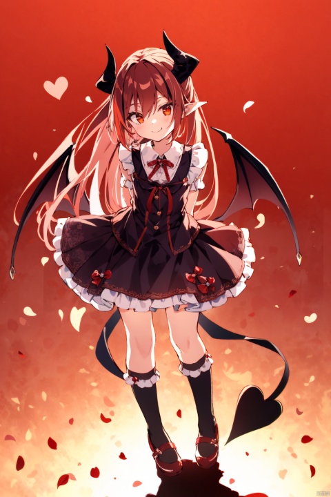  (masterpiece),(Red petals floating in the air:1), (night), (full body, wide shot, panorama:1.3), backlighting, Black and red hair, Orange red eyes, Sparkling eyes, looking down, from below, long hair, hair between eyes, ponytail, streaked hair, messy hair, floating hair, demon wings, evil, 1girl, (loli), (petite), gothic lolita, solo, black knee socks, An evil smile, fang, head tilt, arms behind back, pointy ears, heart tail, devil horns,