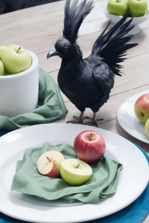 blackchicken,Desktop, white cans, green cloth on the table, apples on blue and white porcelain plates
