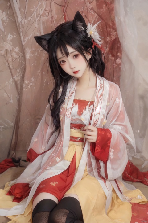  1girl, solo, long hair, looking at viewer, smile, bangs, black hair, thighhighs, long sleeves, animal ears, sitting, tail, yellow eyes, weapon, red hair, multicolored hair, boots, japanese clothes, wide sleeves, blunt bangs, kimono, fox ears, mask, garter straps, halo, floral print, fox girl, fishnets, black kimono, fishnet thighhighs,pixel art