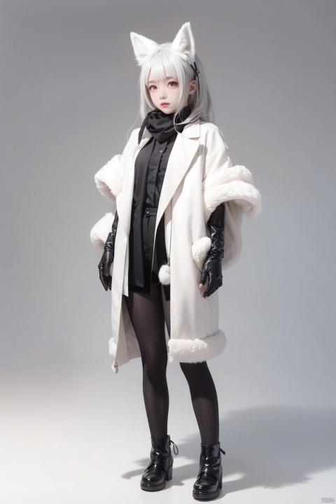 1girl, solo, looking at viewer, blush, short hair, simple background, gloves, white background, animal ears, jacket, tail, full body, grey hair, black gloves, scarf, coat, grey eyes, fox ears, sparkle, fox tail, white footwear
