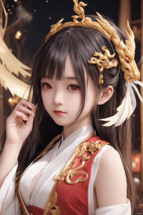 A girl, Chinese style, Chinese knot, high quality,beautiful, smart, (Chinese style background), clear, streamers,there is a building behind the character, dignified, noble, elegant, red and gold as the main body color, Dragon and girl,pretty face, perfect body,high picture integrity,clear layers, gufeng, Chinese dragon, yue,hair ornament,hanfu,golden dragon, bust