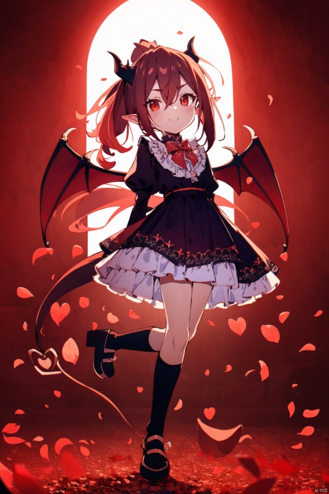  (masterpiece),(Red petals floating in the air:1), (night), (full body, wide shot, panorama:1.3), backlighting, Black and red hair, Orange red eyes, Sparkling eyes, looking down, from below, long hair, hair between eyes, ponytail, streaked hair, messy hair, floating hair, demon wings, evil, 1girl, (loli), (petite), gothic lolita, solo, black knee socks, An evil smile, fang, head tilt, arms behind back, pointy ears, heart tail, devil horns,