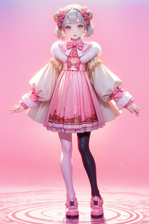  A girl, transparent pvc. Material, holographic aperture, cyber, polyethylene material, transparent and bright, short white hair.Full-body photo,Color, colorful,((Pure pink background)),White silk pantyhose