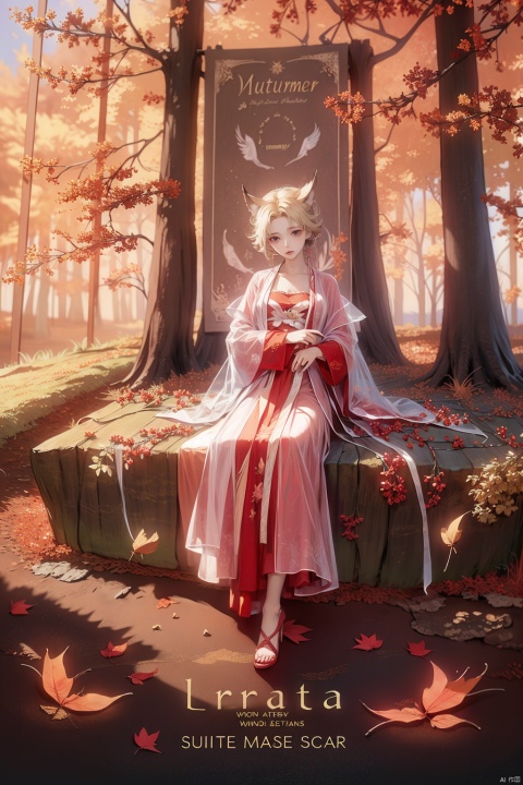 1girl, solo, looking at viewer, sitting, fox ears, full body, strappy heels,plaid shirt, short sleeves,jacket, bow, bangs, low ponytail, blonde hair fox tail, fox girl, kitsune, ((autumn, outdoors, day, forest, falling leaves, bird, leaf)), (fog, dyntall effect), (wide shot, panorama, full body, depth of field),(movie poster,english text),(Flagstone road,branches)
