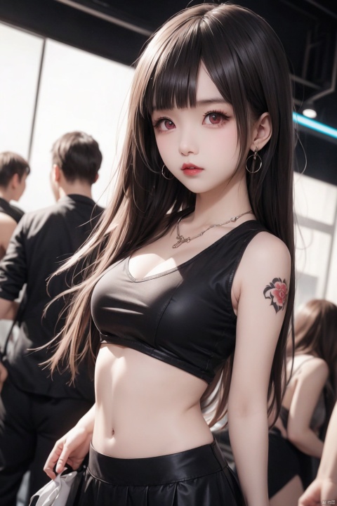  1girl, looking at viewer, skirt, brown hair, jewelry, standing, earrings, sleeveless, solo focus, midriff, black skirt, medium hair, necklace, grey eyes, tattoo, cross, red lips, arm tattoo, crowd, nightclub, 1girl, (\shuang hua\)