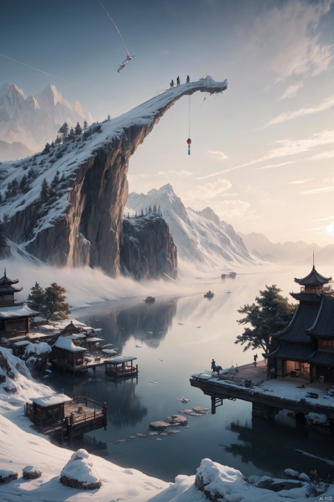 (ultra detailed, High quality ,best quality, High precision, Fine luster, UHD, 16k), (official art, masterpiece, illustration), A landscape painting with a lake, pine trees and a sunset, thick fog, with clear new pop illustrations, (large area of white space, one-third composition: 1.3), minimalist world, beige gray, Chinese Jiangnan scenery, digital printing, lake and mountain scenery, sunset and solitary crane flying together, guofeng, xinxihuan,zydink,white background
