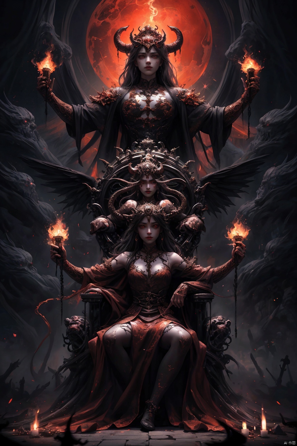  Imagine a scene where the demons, having conquered heaven, now sit upon thrones of bone and flesh, ruling over their new domain with an iron fist. The colors are dark and oppressive, with the once bright and vibrant landscape of heaven now twisted and corrupted by demonic influence.