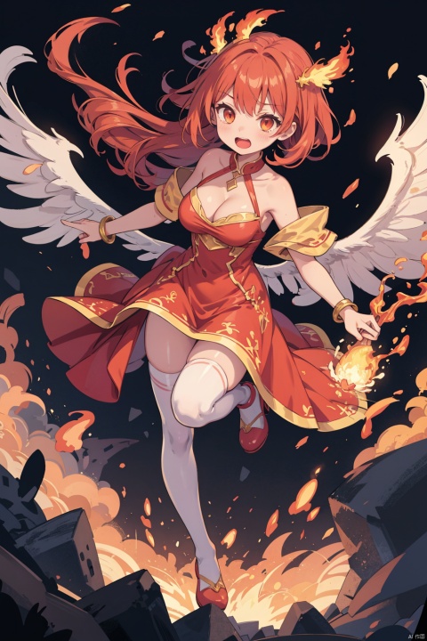 1girl, bracelet, breasts, breathing_fire, burning, cleavage, dress, explosion, fiery_hair, fiery_wings, fire, flame, flaming_sword, flaming_weapon, full_body, jewelry, long_hair, magic, molten_rock, open_mouth, orange_eyes, phoenix, pyrokinesis, red_dress, red_eyes, red_hair, tail-tip_fire, thighhighs, torch, white_legwear
