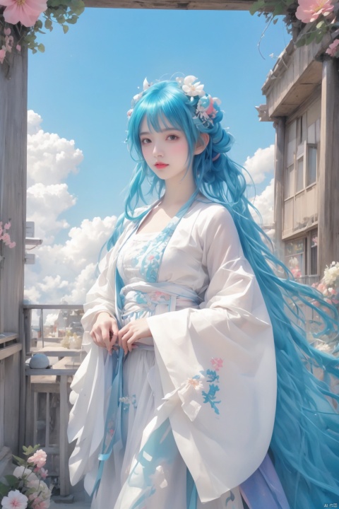 a cartoon character with a blue hair and a flower in her hair, standing on a cloud with a sky background, Fan Qi, ocean, a silk screen, art nouveau