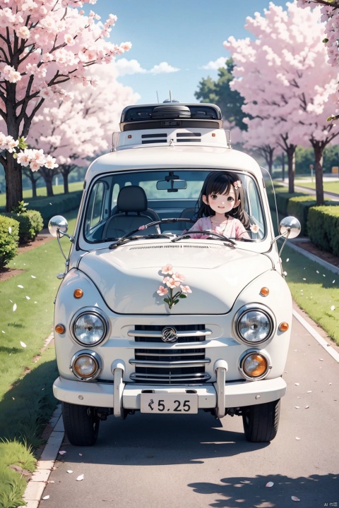 flower, no humans, cherry blossoms, ground vehicle, scenery, motor vehicle, car, vehicle focus, train