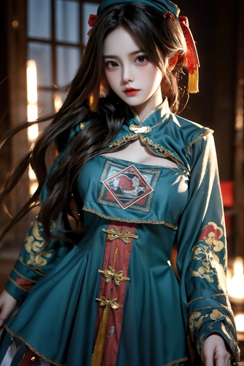  High quality, masterpiece, 1 girl, jiangshi, qing_ Guanmao,breast curtains,china dress, spells,Sexy, ((poakl)), 1girl
