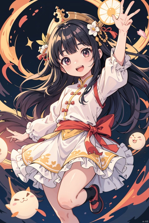  (bestquality), masterpiece, (ultra-detailed), illustration, 8k wallpaper, (extremely detailed CG unity 8k wallpaper), (extremely detailed eyes and face), huge filesize, game cg, llustration style,dream ,A Sunshine Laughs girl with black hair and black eyes, wearing a crown on her head,TT, Holding a magic wand in hand,8k, clear details, rich picture, nature background, flat color, vector illustration, watercolor, dancing, and joyful, Chinese style, cute girl, bpstyle,