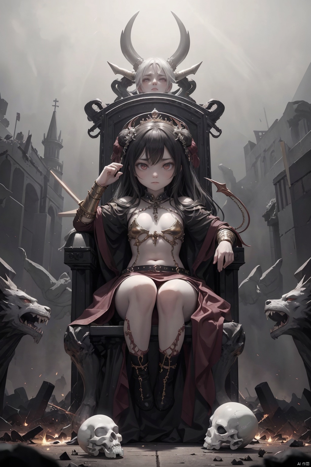  Imagine a scene where the demons, having conquered heaven, now sit upon thrones of bone and flesh, ruling over their new domain with an iron fist. The colors are dark and oppressive, with the once bright and vibrant landscape of heaven now twisted and corrupted by demonic influence.