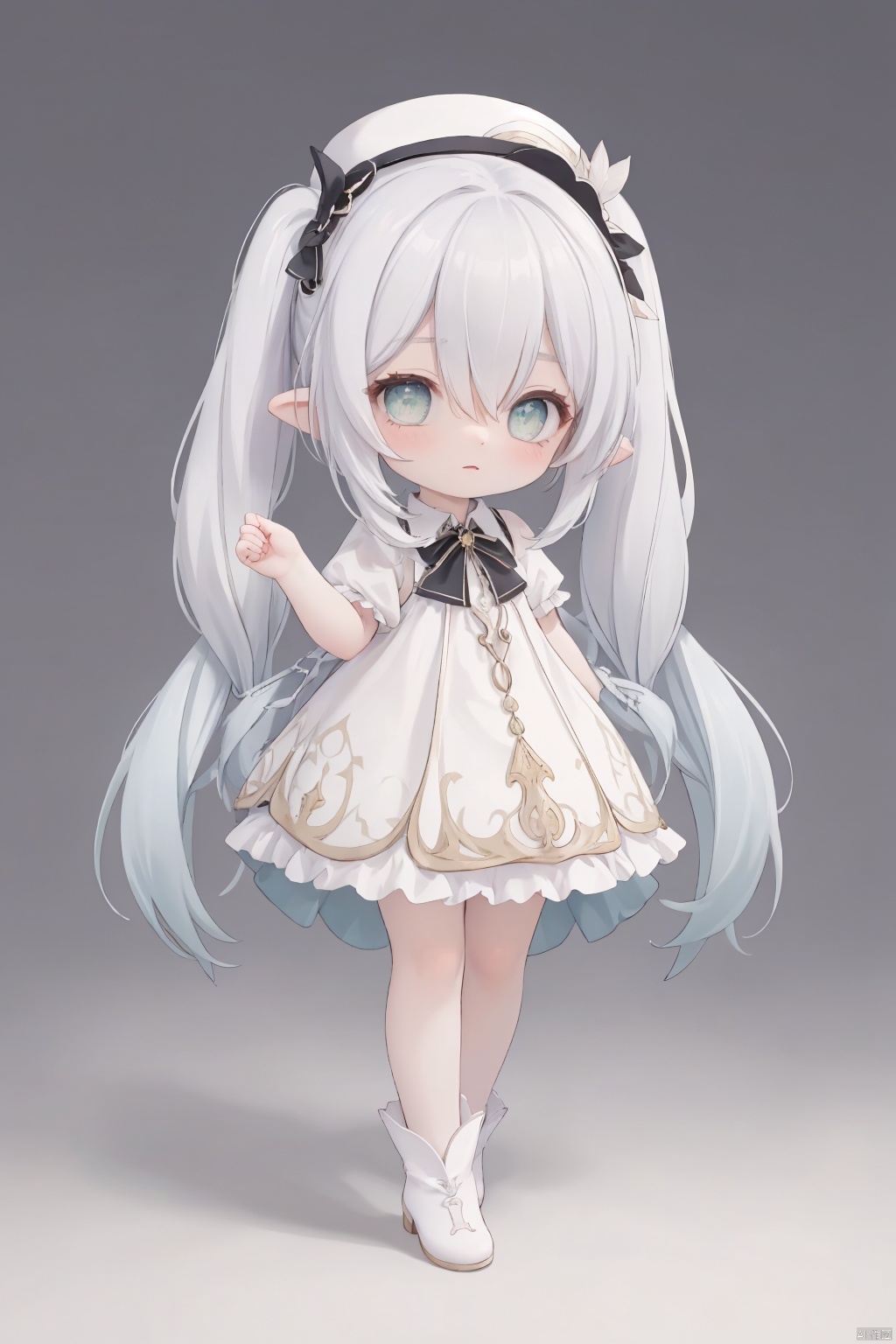  masterpiece,best quality,ultra-detailed,finely detail,highres,UHD,fine details,cinematic,2girl,pale skin,skinny,thin,white hair,gradient hair,mullet,twin braids,(hair over one eye),very long hair,two ,no sclera,upturned eyes,shy,makeup,symmetrical body,correct facial features,looking at viewer,full dress,evening gown,frilled shirt,mini top hat,hat bow,gothic lolita,lace,socks,high heel boots,clean background,the low-purity tone,gothic,volumetric light,cold light,symmetrical the composition,C4d,3D rendering,clay material,chibi,character design,Gothic gloomy,retro dark vintage Jellyfish character image