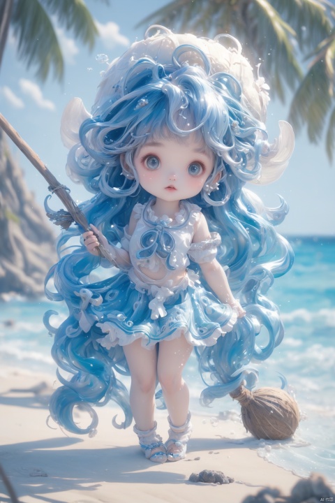  A cute girl wearing a coconut hat and a skirt made of seaweed, with blue wavy hair, beside a split coconut, high-definition photo, high-quality picture, intricate, detailed, sharp focus, dramatic, photorealistic painting art by midjourney and greg rutkowski.