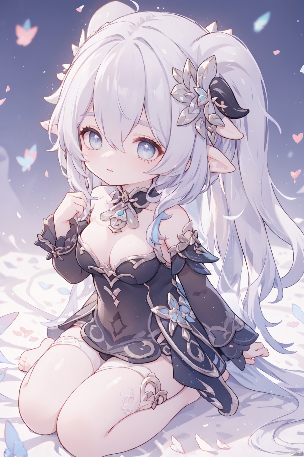 (masterpiece, best quality, best shadow,official art, correct body proportions, Ultra High Definition Picture,master composition),(bust:1.4), (backlight), 
//////
ganyu,1girl,solo,blue hair,ahoge,horns,with a little bell around his neck,detached sleeves, sidelocks,alternate costume,metallic white flower hair accessories,bangs,hair between eyes,bare shoulders,long hair,dress, sexy, plump, 
//////
(dark background), light, 
//////
1girl,cute girl, Metal_wing, masterpiece, ganyu