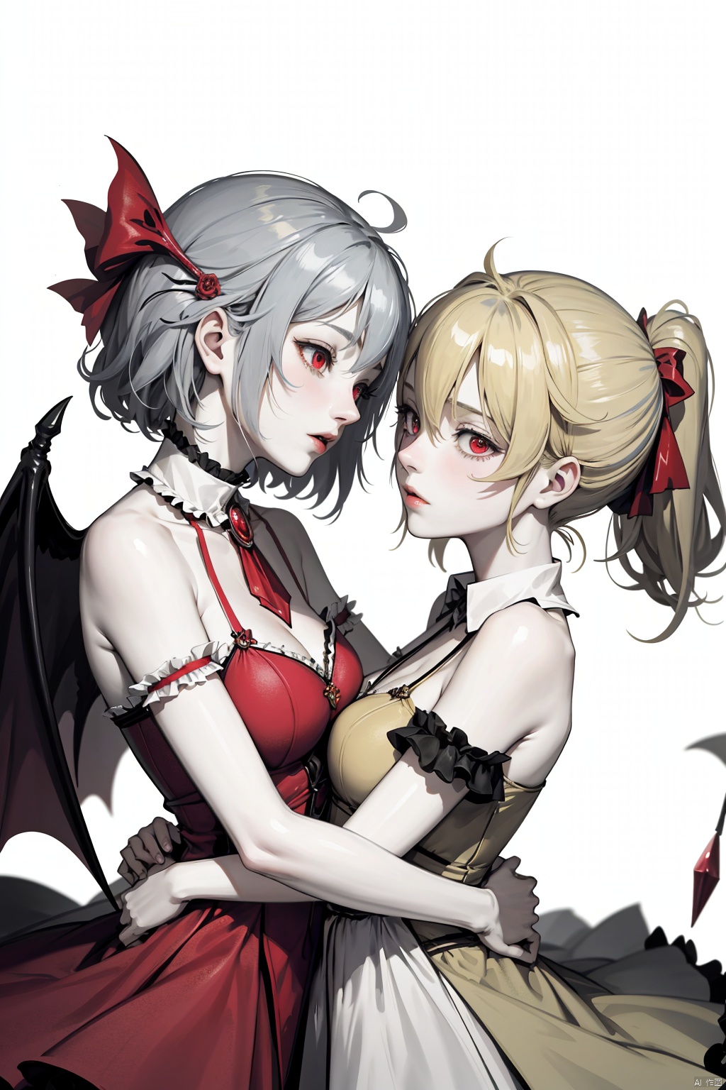 2girls,One has golden hair and the other has blue hair, Pure white background, Flandre Scarlet and Remilia Scarlet Embrace together