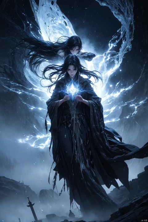painting of a spirit of darkness, descending from the sky, intricate long flowing gown, hyperdetailed by yoshitaka amano and Ekaterina Savic, fantasy art, celestial, ethereal, digital illustration, volumetric lighting, cos,